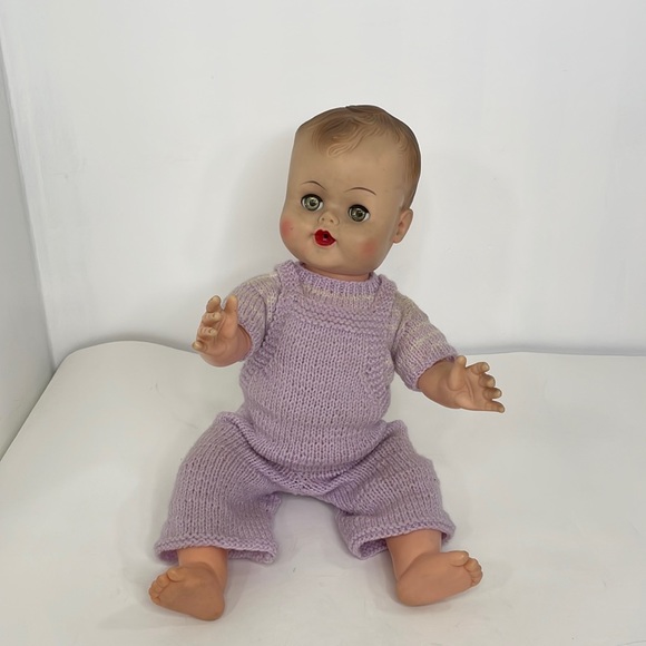 1950s Baby Doll 19” Rubber/Plastic Hazel Eyes Blink Knitted Outfit Embossed Hair